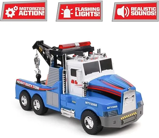 Mighty Motorized Tow Truck Toy w/Lights & Sounds, Motorized Winch, Traffic Cones, Realistic Design & Batteries Included - Age 3+