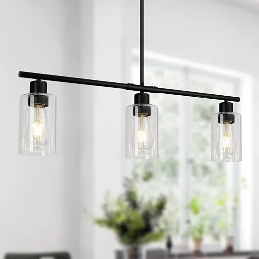 WILON 3 Lights Kitchen Island Lighting, Black Pendant Light Fixtures with Glass Shade Dining Room Light Fixture Adjustable Farmhouse Chandelier Modern Pendant Lights Ceiling Hanging Lighting E26 Base