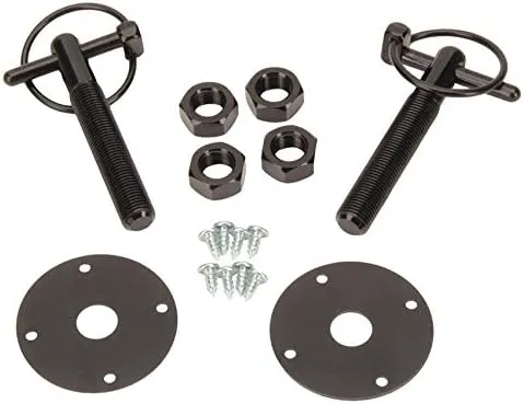Black Aluminum Hood Pin Kit: Includes Q-Clips, 1/2" Aluminum Studs, Scuff Plates, Nuts - Pin Length 3.5", Thread Length 2.25", Q-Clip Shaft Length 1.75" - Premium Finish for Car Hood Security