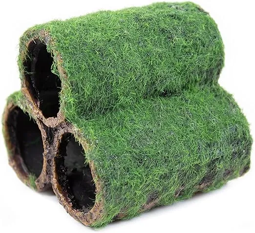 PENN-PLAX Deco-Replicas Hide-Away Pipes with Club Moss Aquarium Decoration – Realistic Appearance with Various Textures – Safe for Freshwater and Saltwater Fish Tanks