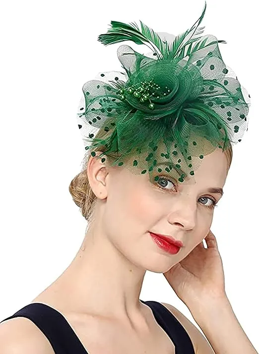 Women's Tea Party Fascinators Mesh Flower-Shaped Pearl Feather Veil Kentucky Derby Fascinator Hats with Headband and Clip
