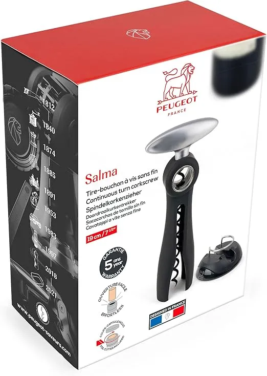 Peugeot - Salma Continuous Turn Corkscrew - Bottle Opener with Foil Cutter Base, Black, 7.5 inches