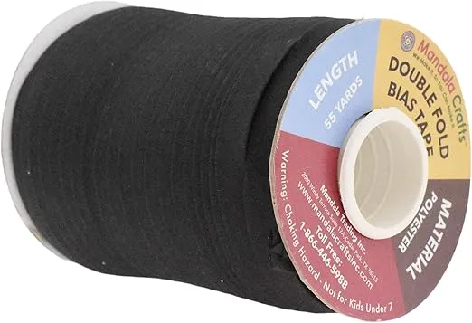 Mandala Crafts Double Fold Bias Tape for Sewing - 55 Yds Black Bias Tape Double Fold 1/2 Inch Hem Quilt Binding Black Seam Binding Tape - Fabric Piping Bias Binding Tape
