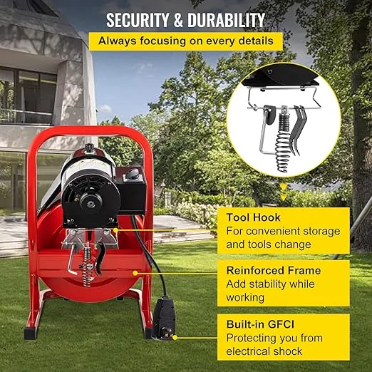 VEVOR 75FT x 3/8 Inch Drain Cleaning Machine, 250W Electric Drain Auger, Portable Sewer Snake Auger Cleaner with Cutters & Air-Activated Foot Switch for 1" to 4" Pipes, Black, Red