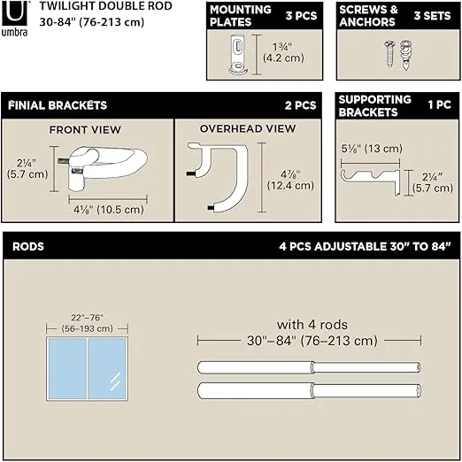 Umbra Twilight Double Curtain Rod Set – Wrap Around Design Ideal for Blackout or Room Darkening Panels, 30 to 84 Inches, Black