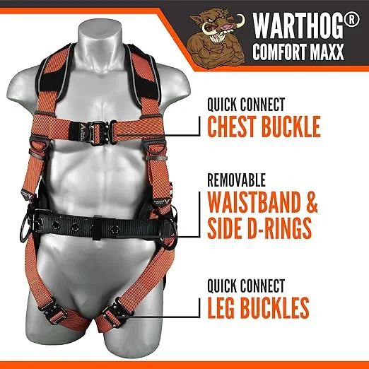 Malta Dynamics Warthog Comfort MAXX Construction Harness with Removable Belt, Side D-Rings and Thick Padding, OSHA/ANSI Compliant, XXLarge