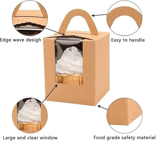 VGOODALL 10PCS Kraft Cupcake Boxes, Cupcake Carrier with Window Insert and Handle Kraft Pastry Containers Muffins Cupcake Carriers for Bakery Wrapping Party Favor Packing