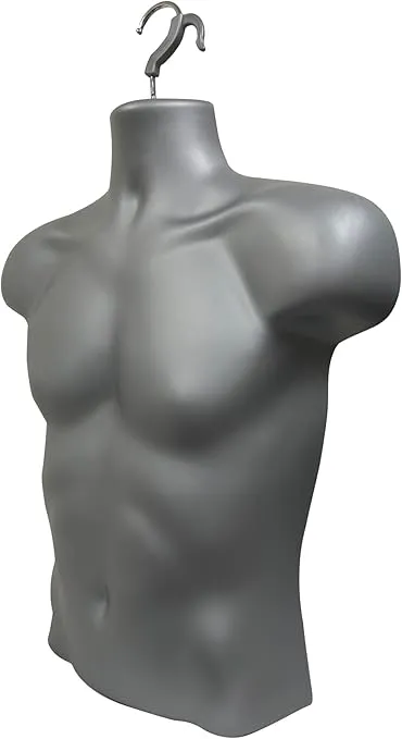DisplayTown 2 Gray Male Mannequin Injection Forms Half Rounded Waist Body Torso Dress Form with Only Hanging Hook, S-M Sizes