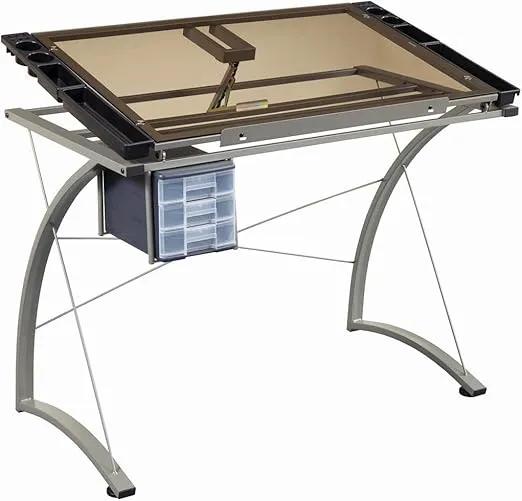 Coaster Home Furnishings Melo Modern Drafting Table for Office Drawing Desk Adjustable Angle Top Smoked Tempered Glass Top with Reversible Drawers Steel Frame Silver 800986