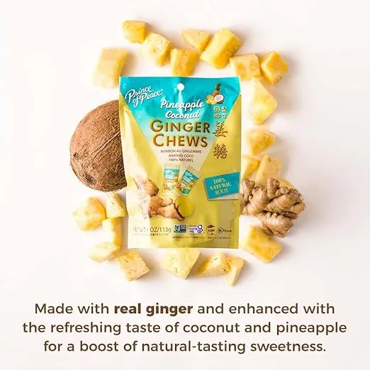 Prince of Peace Pineapple Coconut Ginger Chews – Candied Ginger – 4 oz. bag – Candy Pack – Natural Candy – Healthy Snack – Vegan and Gluten-Free