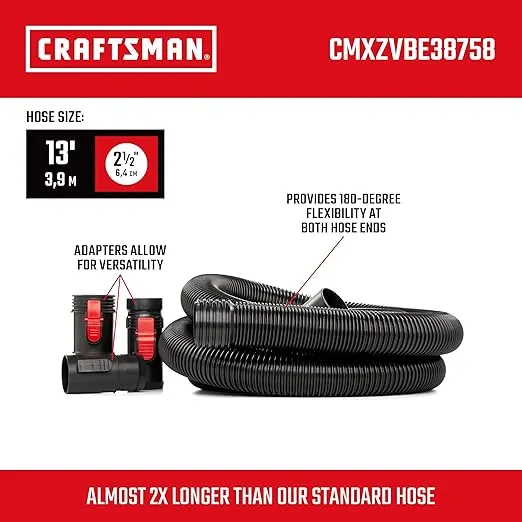 CRAFTSMAN CMXZVBE38758 2-1/2 in. x 13 ft. POS-I-LOCK Wet Dry Vac Hose Attachment Kit, Industrial-Grade Shop Vacuum Replacement Hose, Fits Most Wet/Dry Vacuums with a 2-1/2 in. Diameter Hose