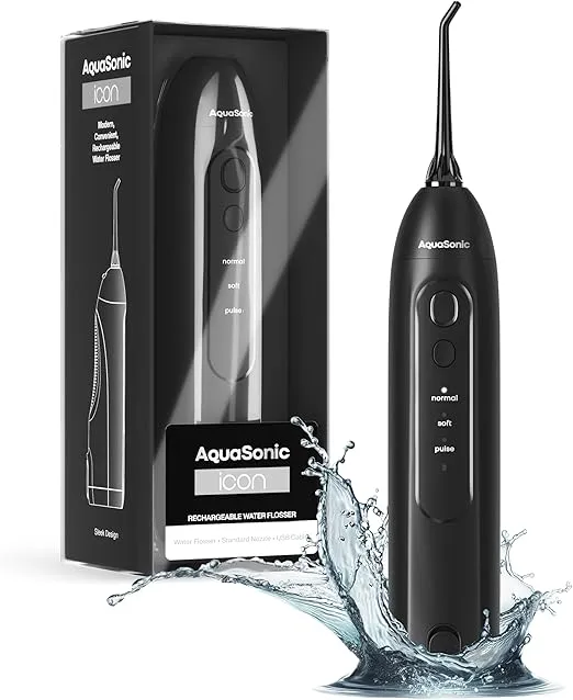 AquaSonic Icon Water Flosser for Teeth – Cordless Rechargeable Oral Irrigator – Waterproof, Portable Dental Cleaning with Jet Tip – Braces Home Travel - Onyx