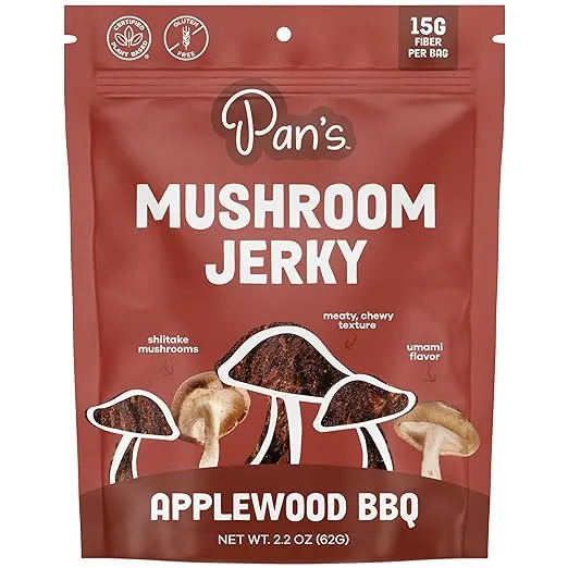 Pan's Mushroom Jerky, Organic, Vegan Snacks, Dried Mushrooms Shitake, Plant based Jerky, Meatless Jerky, Gluten Free, High in Fiber, with Applewood BBQ flavor (2.2 Ounce, Pack of 1)