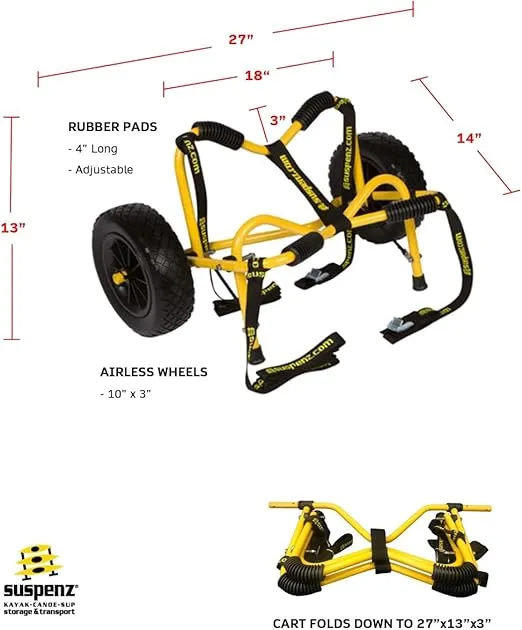 Suspenz Kayak Canoe Transport Trailer, DLX Kayak Cart, Trolley with Airless Wheels and Straps, Weight Capacity 150 lbs, Yellow (22-0044)