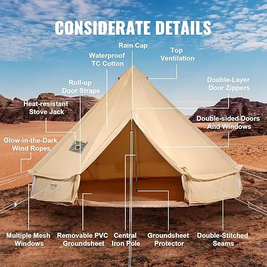 VEVOR Canvas Tent Bell Tent, Yurt Tent 4 Seasons for Camping with Stove Jack, Breathable Tent Holds up to 4 People, Family Camping Outdoor Hunting Party