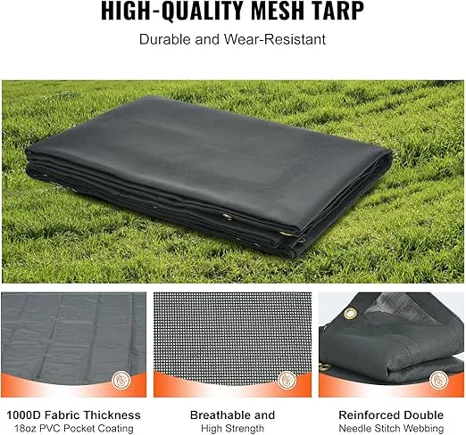 VEVOR Dump Truck Mesh Tarp, 5 x 14 ft, PVC Coated Black Heavy Duty Cover with 5.5" 18oz Double Pocket, Brass Grommets, Reinforced Double Needle Stitch Webbing Fits Manual or Electric Dump Truck System
