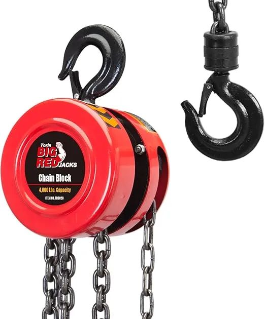 BIG RED TR9020 Torin Manual Hand Lift Steel Chain Block Hoist with 2 Hooks, 2 Ton (4,000 lb) Capacity, Red