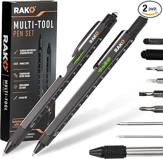 RAK Multitool Pen 2-Pack - Multi-Tool Pens with LED Light, Flathead & Phillips Screwdrivers, Level, Ruler, Bottle Opener, and Stylus. Gift-Ready Box with Ink Refills & Batteries. Great for EDC.