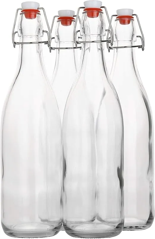AYL Flip Top Glass Bottle [1 Liter / 33 fl. oz.] [Pack of 4] – Swing Brewing Bottle with Stopper for Beverages, Oil, Vinegar, Kombucha, Water, Soda, Kefir – Airtight Lid & Leak Proof Cap – Clear
