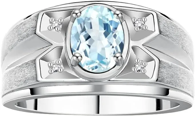 Rylos Men's Rings Classic Designer Style 8X6MM Oval Gemstone & Diamond Ring - Color Stone Birthstone Rings for Men, Sterling Silver Ring in Sizes 8-13.