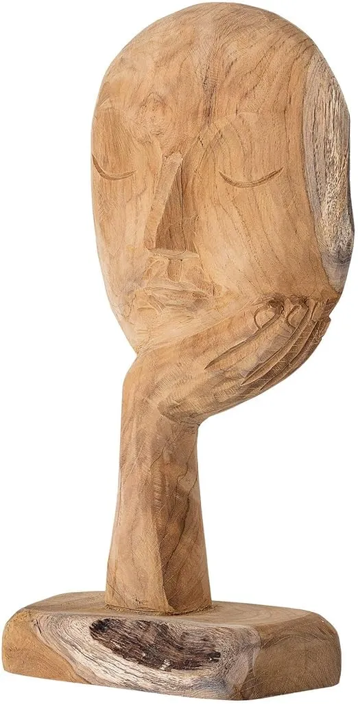 Bloomingville 14" Hand-Carved Teak Wood Face Resting on Hand Figurine (AH1279)