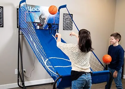 Hathaway Hoops Dual Basketball Arcade Game with Electronic Digital Scoring and Timer, Easy Folding for Storage, 7 Balls and 2 Nets Blue