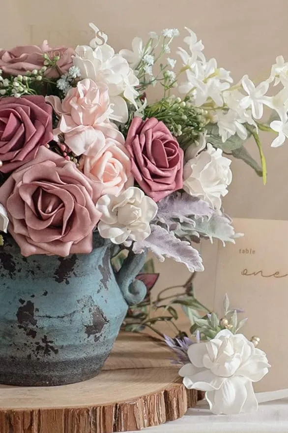 Ling's Moment Artificial Flowers Fake Roses Faux Foam Gardenia Combo for DIY Wedding Bouquets Centerpieces Arrangements Bridal Shower Party Home Decorations, Mauve & Blush, 24pcs