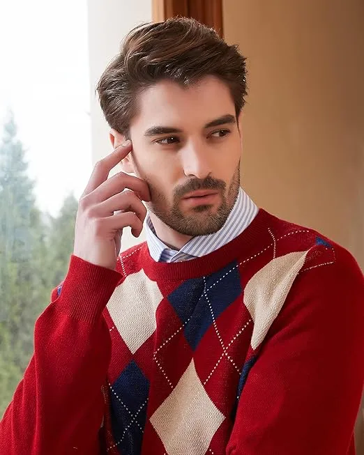 Kallspin Men's Wool Blend Crewneck Sweater Argyle Long Sleeve Pullover Sweater for Casual Or Dressy Wear