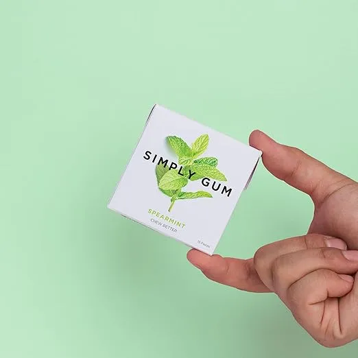 Simply Gum | Spearmint | Plant- Based Chewing Gum | Pack of Six (90 Pieces Total) | Synthetic Plastic Free + Aspartame Free + non GMO