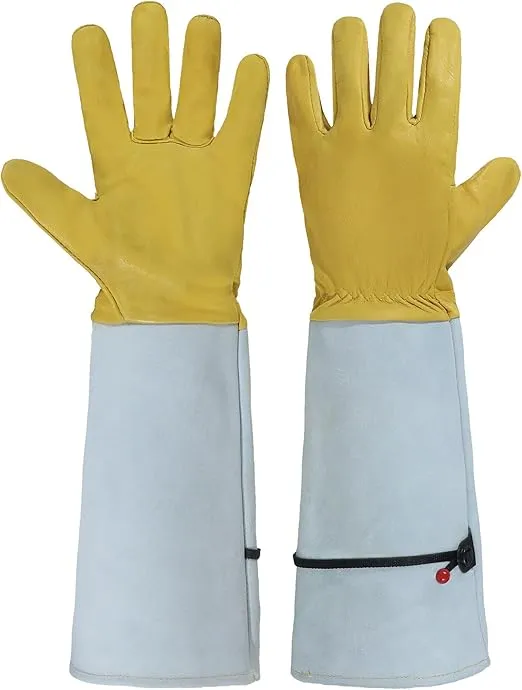 HANDLANDY Rose Gloves for Men & Women, Long Leather Gardening Gloves Thorn Proof, Best Garden Gifts & Tools for Gardener (Yellow-beige, Large (Pack of 1))