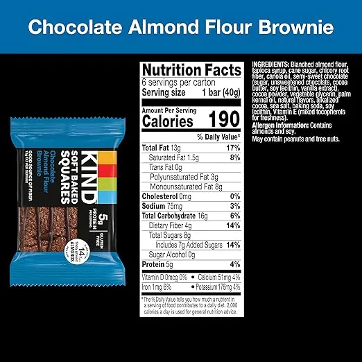 KIND Soft Baked Squares, Chocolate Almond Flour Brownies, Healthy Snacks, Good Source of Fiber, Gluten Free, 5g Protein, 6 Count