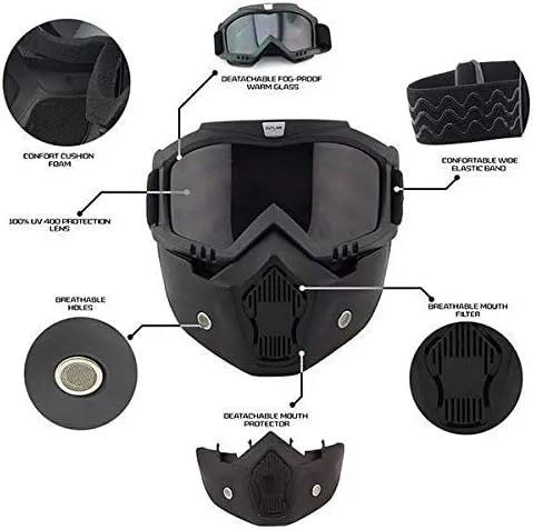 Outlaw 'Nemesis' Motorcycle Face Mask with Detachable Goggles - Black Riding Mask with UV 400 Lens for Men and Women