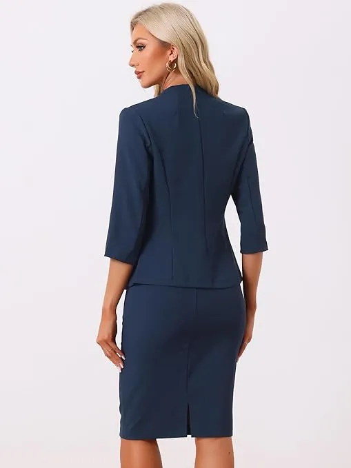 Allegra K Business Skirt Suit Set for Women's 2 Piece Office Work Outfit Collarless Blazer Pencil Skirt