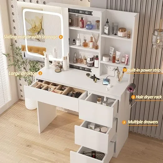 Vabches Vanity Desk with Mirror and Lights,Make Up 4 Drawers Table with Glass Door Storage Cabinet,Charger Station,3 Lighting Color Dressing Table for Bedroom,37inch,White