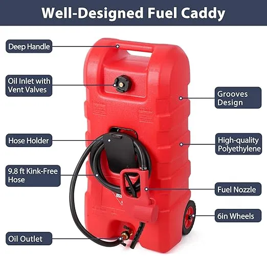 Garvee Fuel Caddy, 15 Gallon Portable Gas Can Fuel Tank Container with Fluid Transfer Siphon Pump and 10ft. Delivery Hose, Diesel Storage Can On-Wheels for Cars Lawn Mowers ATVs Boats