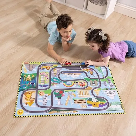 Melissa & Doug Race Around the World Tracks Cardboard Jigsaw Floor Puzzle and Wind-Up Vehicles – 48 Pieces, for Boys and Girls 4+ - FSC Certified