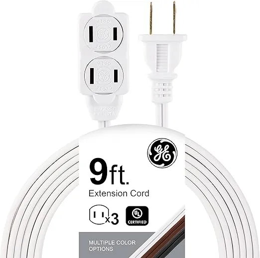 GE 3-Outlet Extension Cord with Multiple Outlets 9 Ft Extension Cord Power Strip 2 Prong 16 Gauge Twist-to-Close Safety Outlet Covers Outdoor Extension Cord Outlet Extender UL Listed White 51947