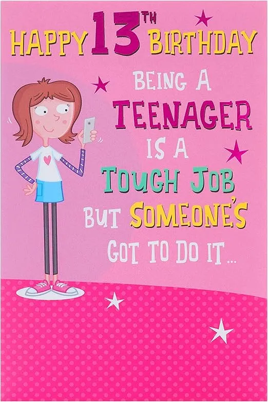 UK Greetings 13th Birthday Card For Her/Girl With Envelope - Fun Pink Design