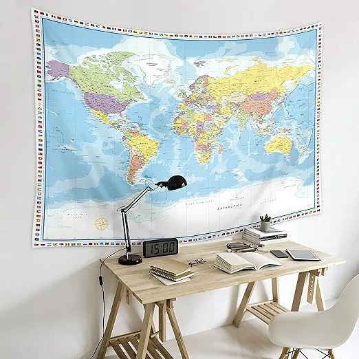 Large World Map Tapestry Wall Hanging Tapestry World Map For Kids Educational Tapestry With Country Flags World Map for Classroom Decor Kids Room Home Traveling Geography Students 60x80 In