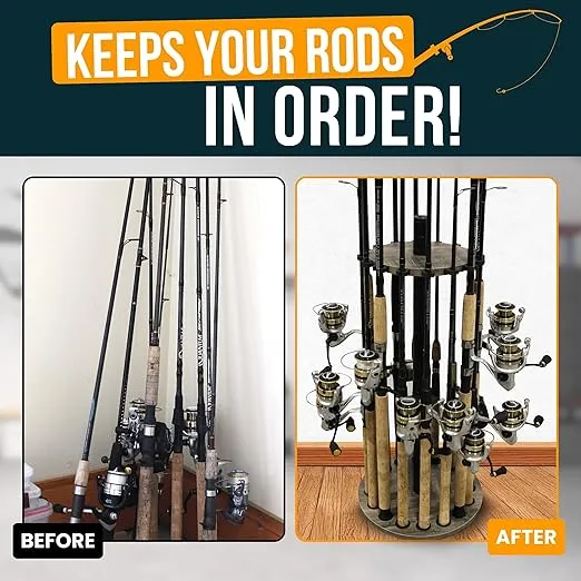 Rush Creek Creations | Round Spinning Fishing Rod Holder for 16 Freshwater Fishing Poles, Fishing Gear, and Fishing Accessories | Fishing Rod Rack with 16 Fishing Rod Clips for Garage Organization