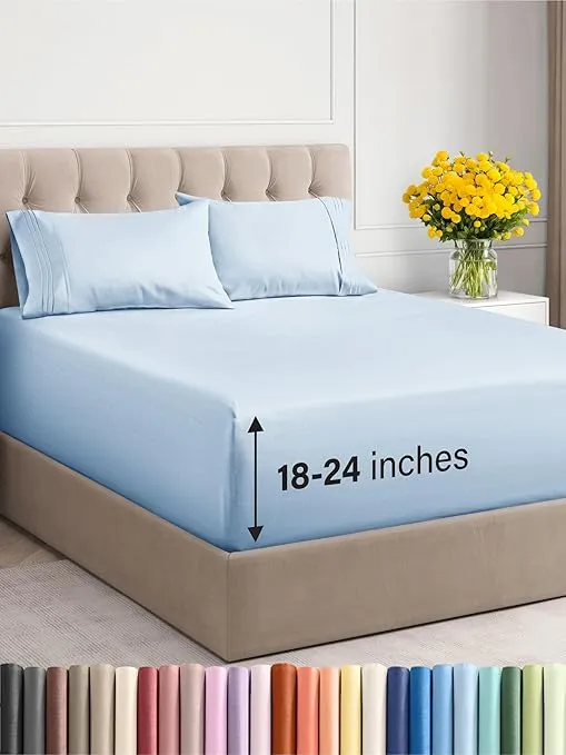 Extra Deep Pocket Cal King Sheets - 4 Piece Breathable & Cooling Bed Sheets - Hotel Luxury Bed Sheet Set - Soft, Wrinkle Free & Comfy - Easily Fits Extra Deep Mattresses - Deep Pocket Sky Blue Sheets