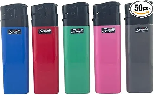 Scripto Electronic Lighters - Pack of 50 with Stand Asst Colors.