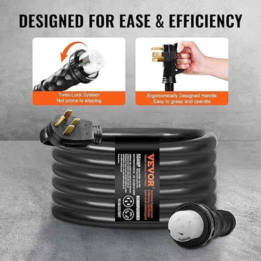 VEVOR 50 Amp Generator Cord and Power Inlet Box Kit, 15FT Generator Extension Cord NEMA 14-50P/SS2-50R STW 6/3+8/1 AWG with Twist Lock Connector, Pre-Drilled Inlet Box, ETL Listed