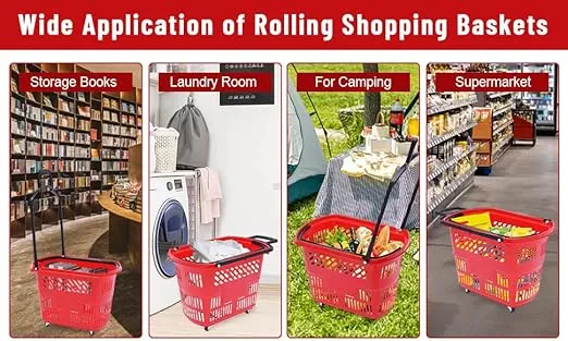 6PCS Shopping Carts with Wheels and Handle, 35L Red Shopping Basket Plastic Rolling Shopping Basket, Portable Shopping Basket Set in Supermarkets and Retail Stores