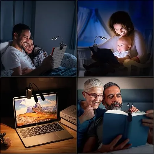 Rechargeable Music Stand Light, Clip on Reading Light, 8 LED Book Lamp, 3-Level Brightness for Eye Protection, Perfect for Piano, Orchestra, Bookworms, Craft (White & Warm, Dual Arm)