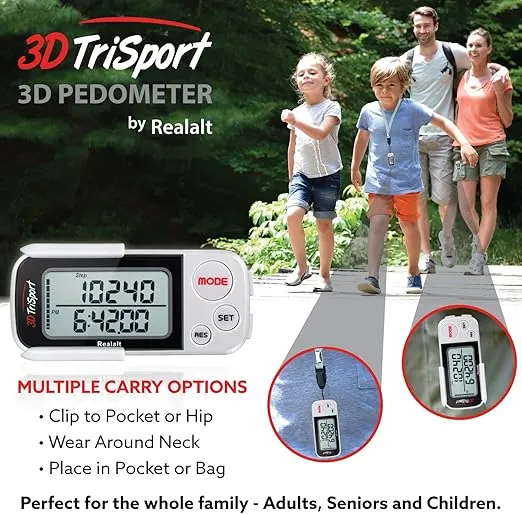 3DTriSport Walking 3D Pedometer with Clip and Strap, Free eBook | 30 Days Memory, Accurate Step Counter, Walking Distance Miles/Km, Calorie Counter