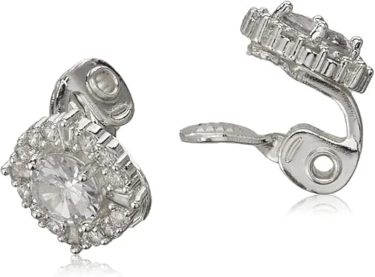 Classics Sivler Tone Pave Cz Button Clip On Earrings