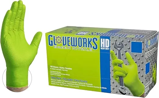 GLOVEWORKS HD Green Nitrile Gloves, 8 mil Nitrile Gloves Medium-XXL Sizes, Nitrile Disposable Gloves with Raised Diamond Grip