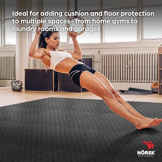 Norsk Foam Floor Gym Mats with Interlocking Tiles, .47" Thick, 24"x24",6-Pack, 24 Square Feet, Diamond Plate Design, Black