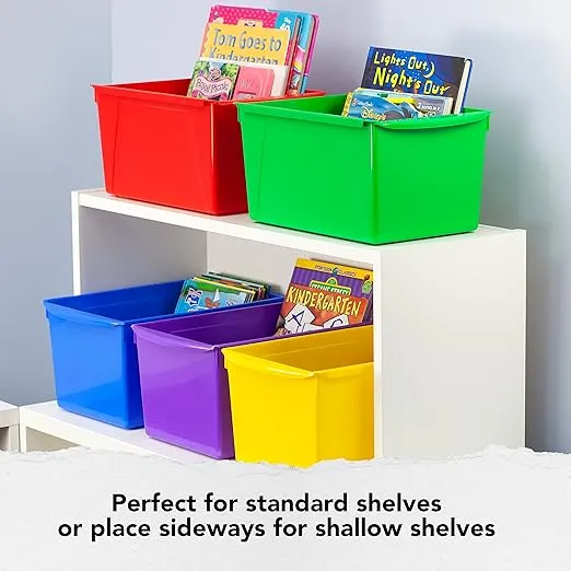 Storex Extra-Large Book Bin, Interlocking Plastic Organizer for Home, Office and Classroom, Assorted Colors, (71126E06C) (Pack of 6)